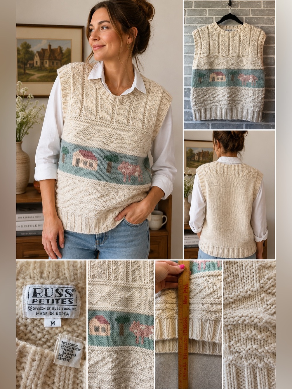 Vintage Russ Petites Cottagecore Sweater Vest Farm Sheep‎ Knit Size M